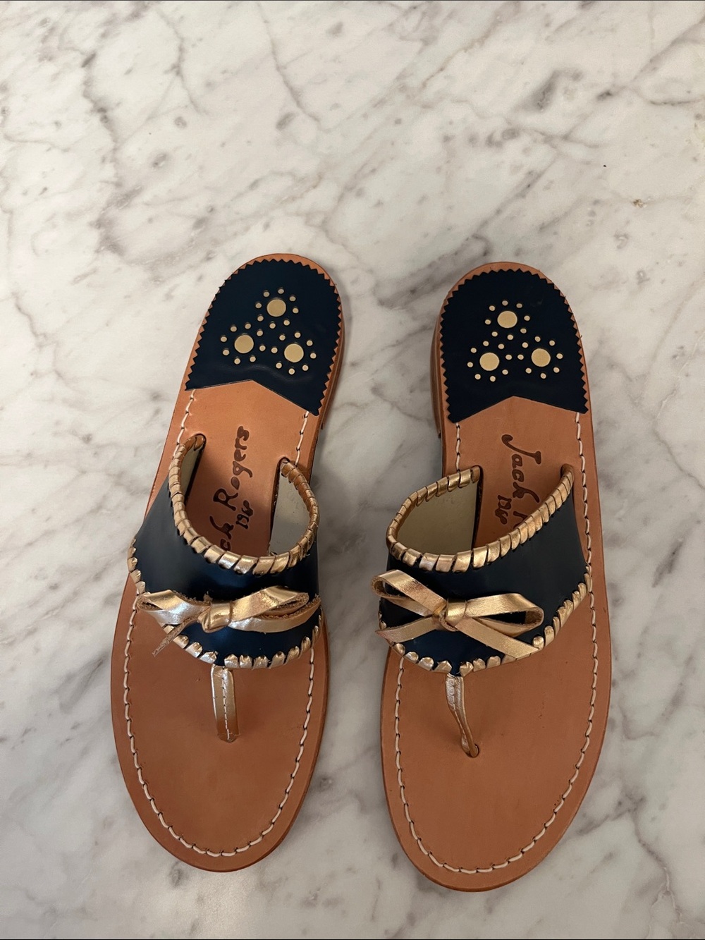 Jack Rogers, Black and Gold Bow leather sandals